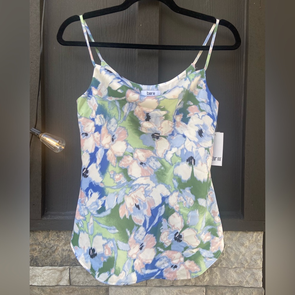 NWT Bar III Satin Floral Cami Tank Top Size XXS Blue Green Sleeveless 🌸